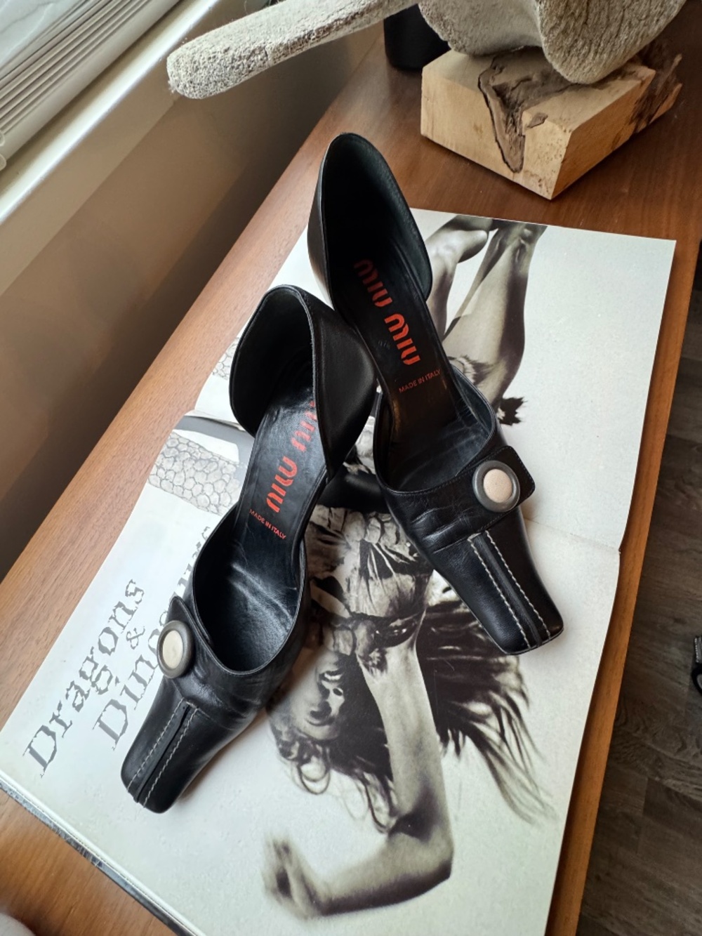 Vintage Miu Miu Black Leather Square Toe Kitten Heels Size 36 - Picture 4 of 13